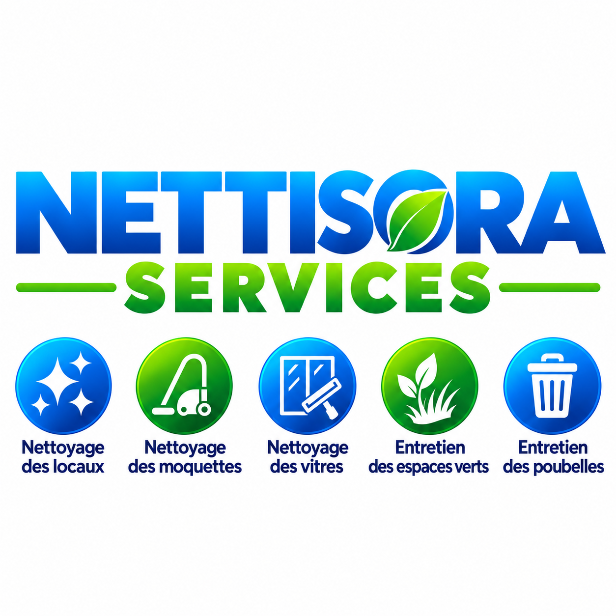 Logo Nettisora Services : nettoyage des locaux, moquettes et vitres, entretien des espaces verts et des poubelles